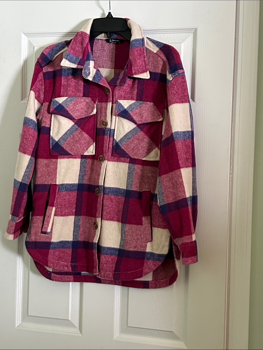 Plaid Utility Shacket in Magenta and Cream